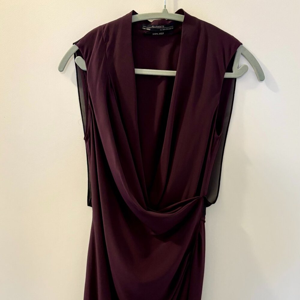 ALL SAINTS 100% silk Burgundy & Black Wrap Dress Sleeveless Sz 2